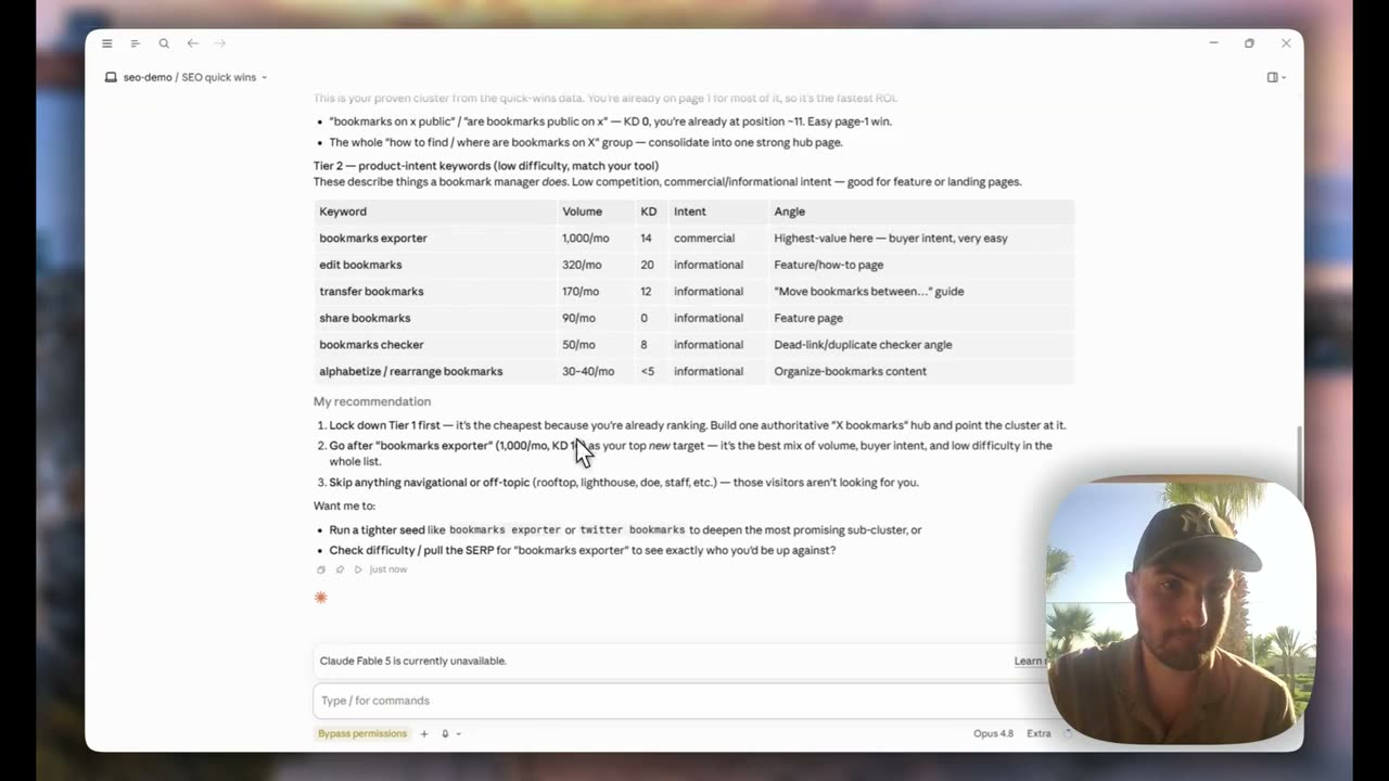 ContextBolt SEO demo, a Claude session answering with a live keyword table